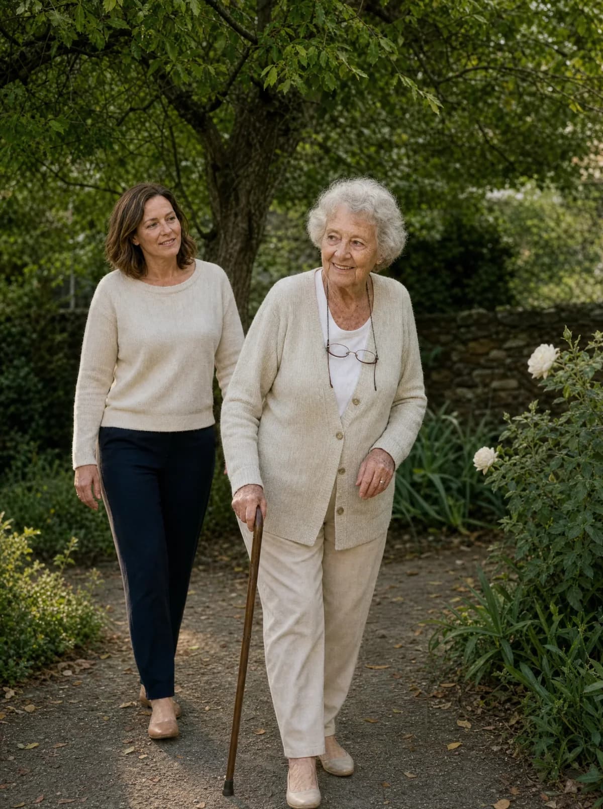 An older woman walking with a cane along a shaded garden path, with a caregiver beside her.